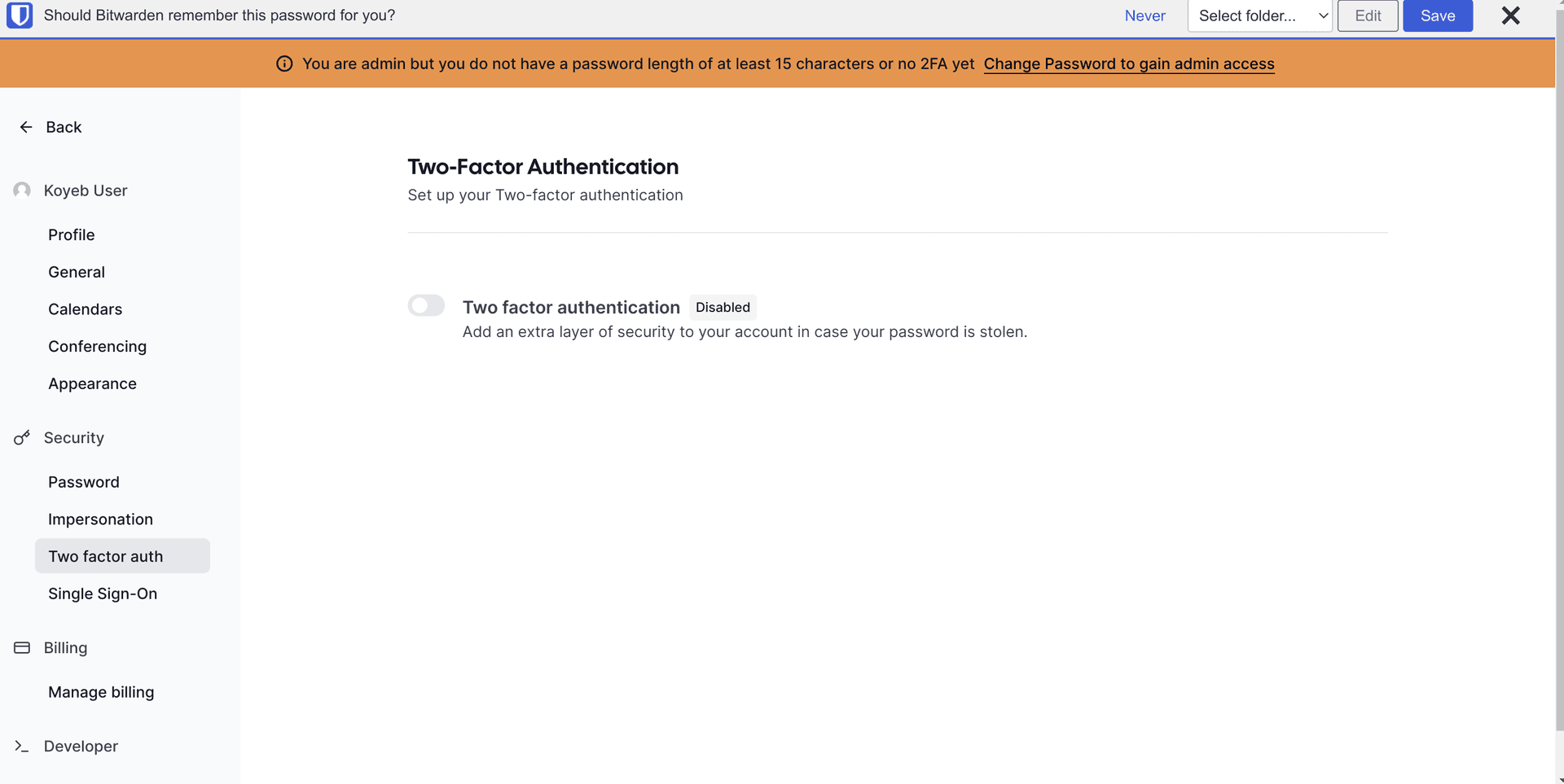 Cal.com two factor authentication page