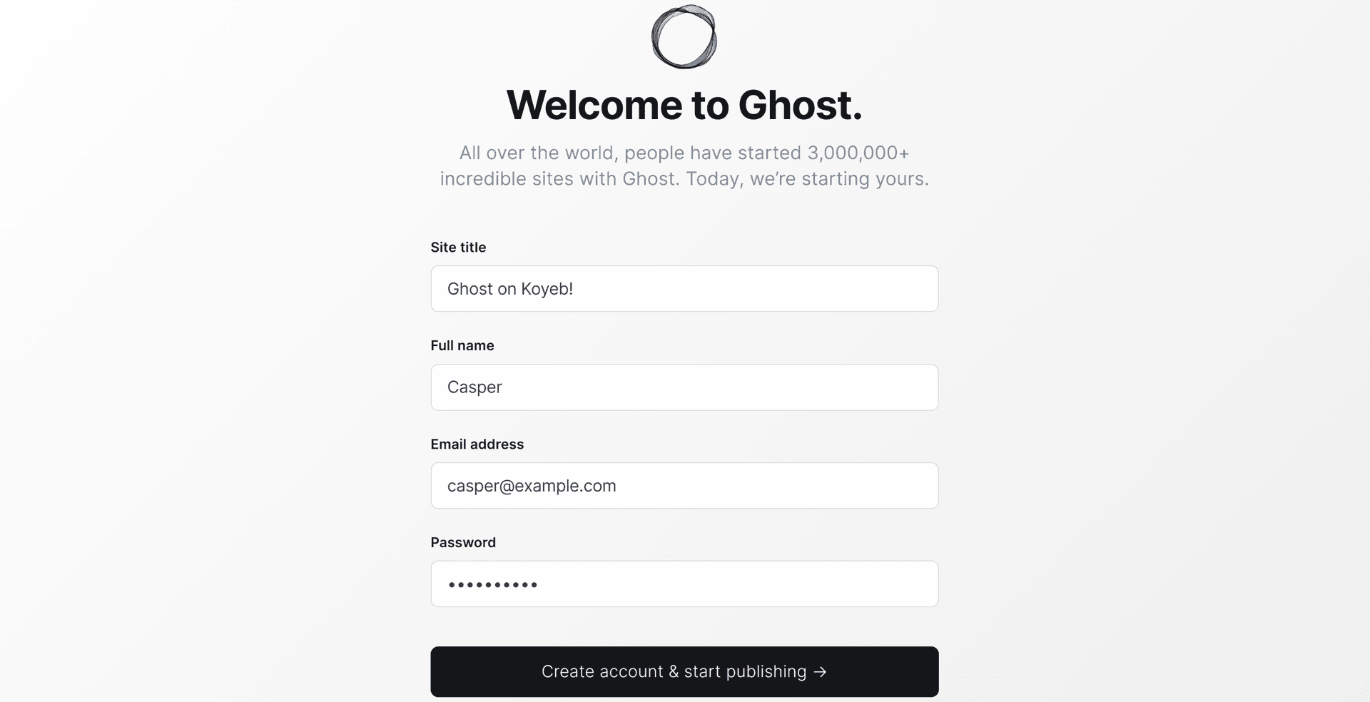 Ghost blog admin creation page