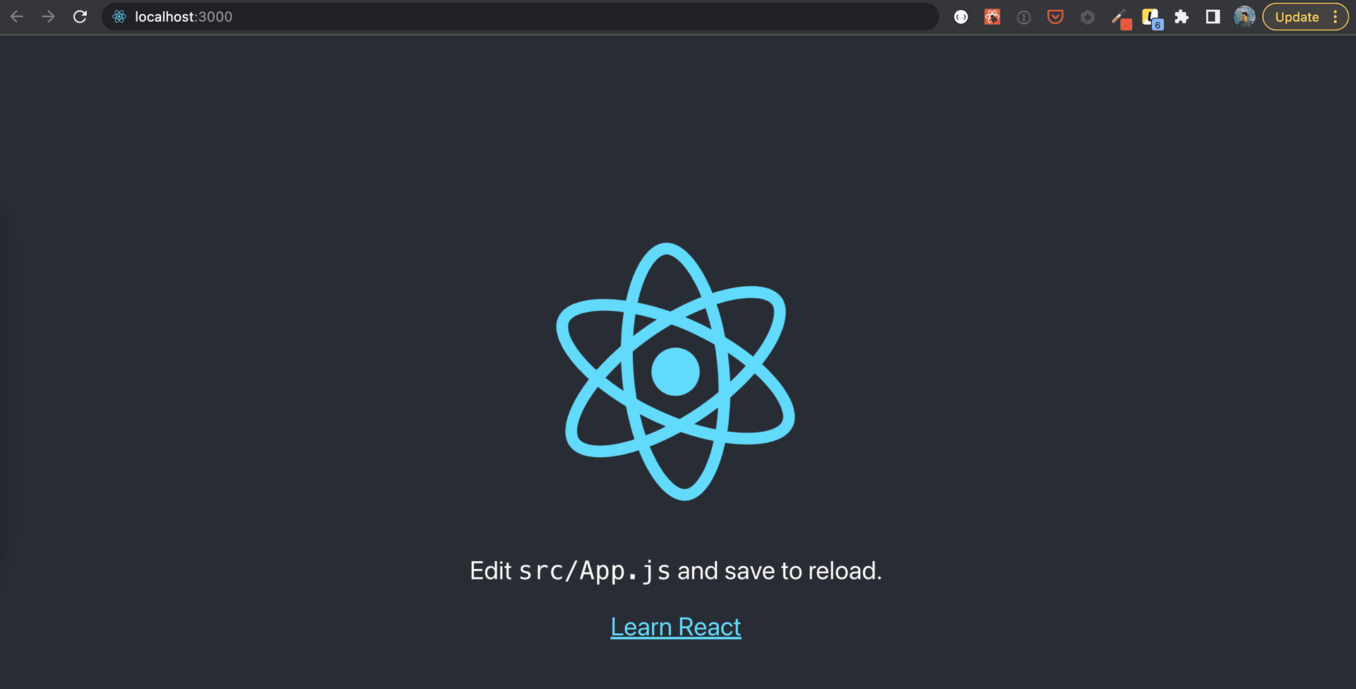 The default landing page for a new React project