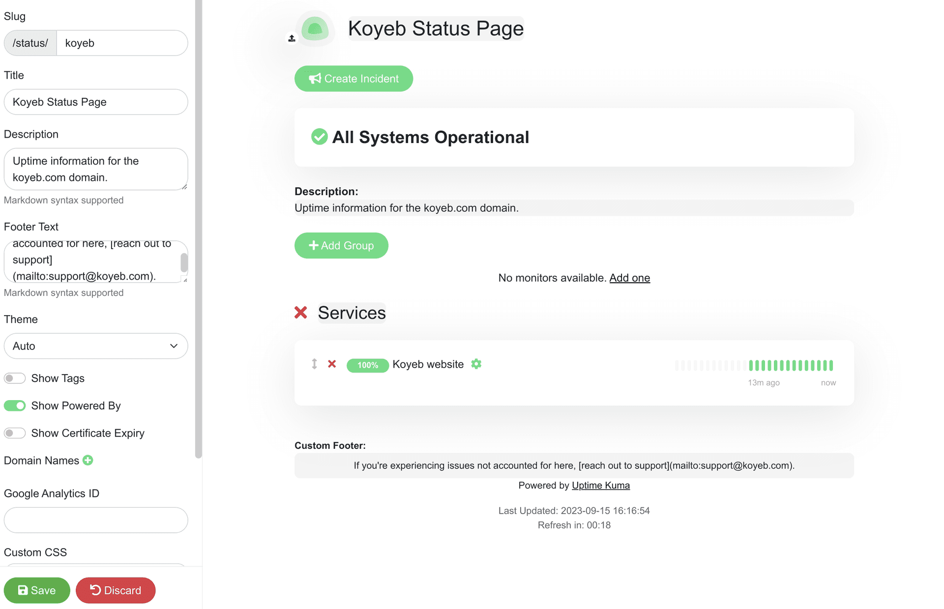 Uptime Kuma configured status page